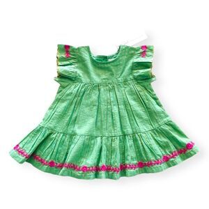 Peek Baby Girls Green Dress with Pink Floral Embroidery Size 6-12 Months NWT
